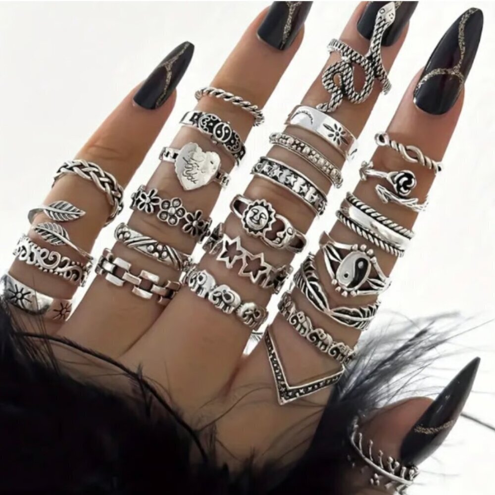 25pcs Silver Stackable Rings – Boho jewelry, Floral, leaf ring & Vintage Designs